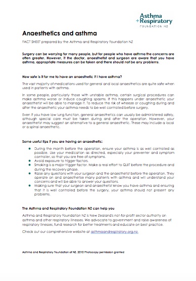 anaesthetic and asthma fact sheet