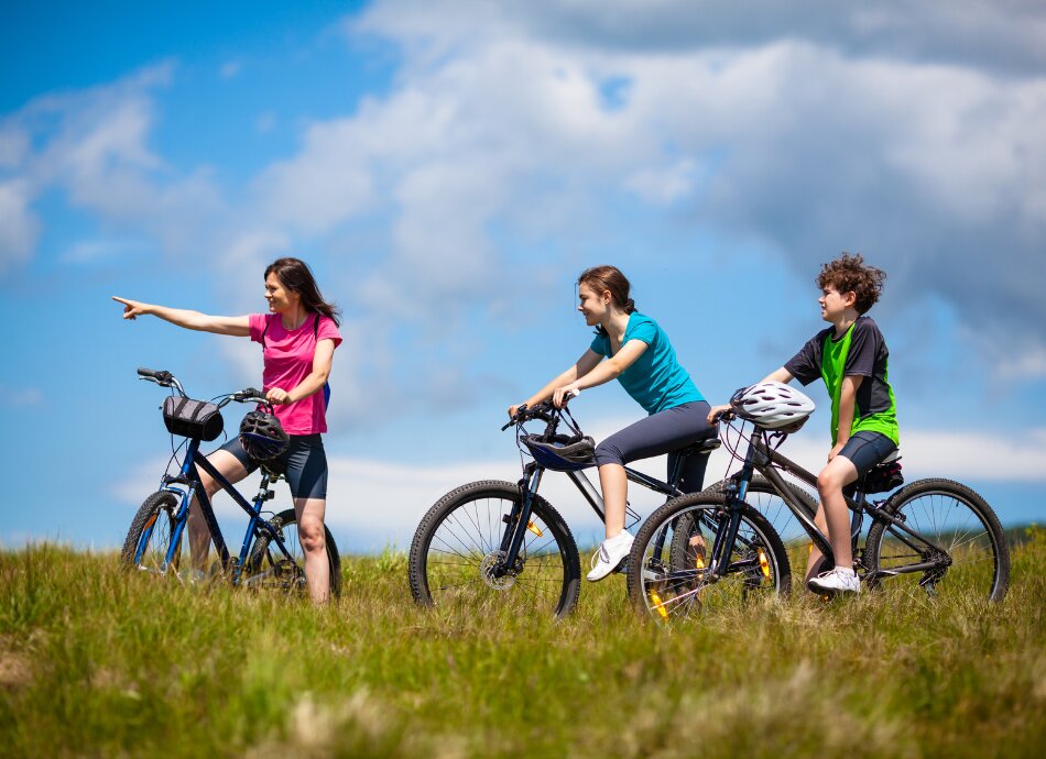Family of 3 on bikes looking at the view