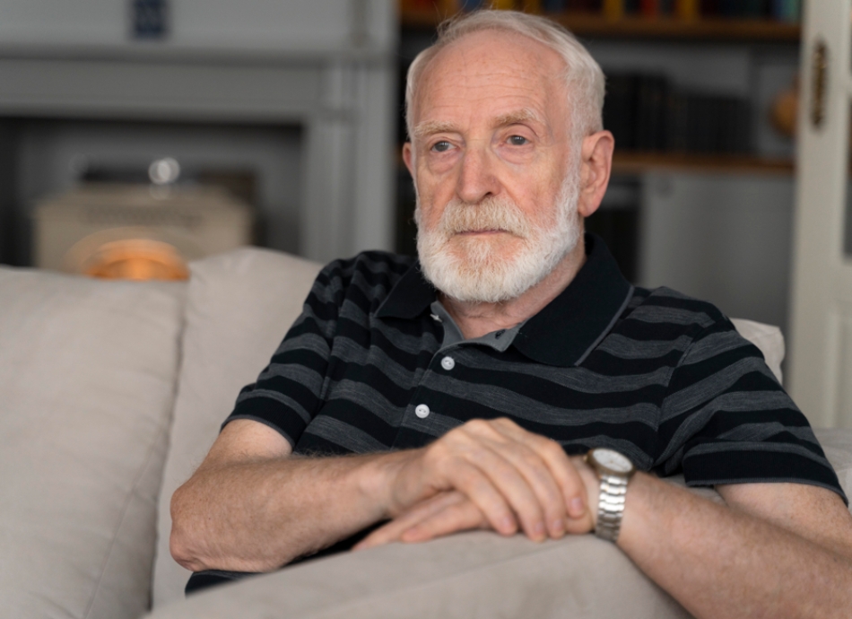 Older man sitting on couch looking solemn 
